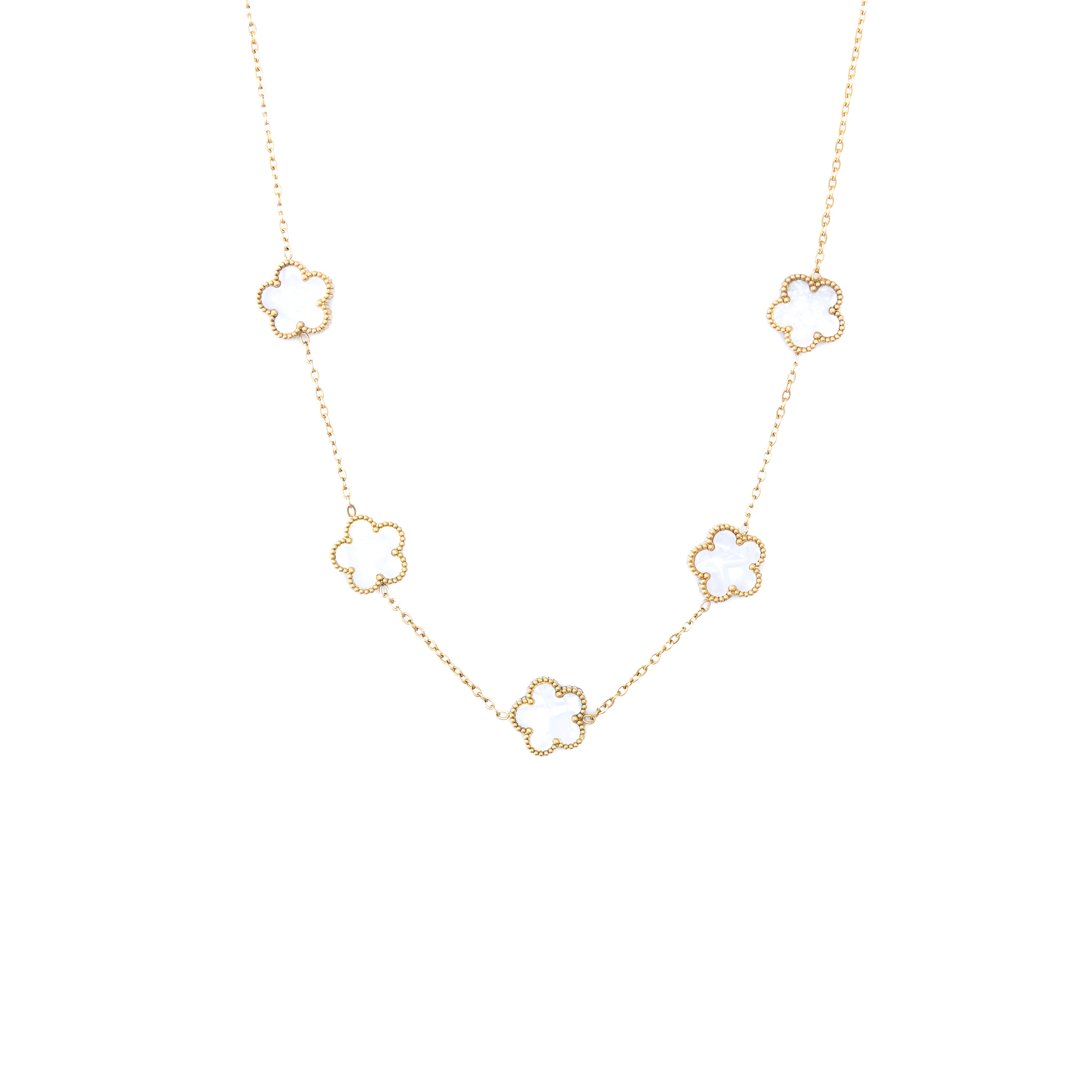 Collier Barça – Chaîne dorée & trèfles en nacre blanche - Mineky Paris