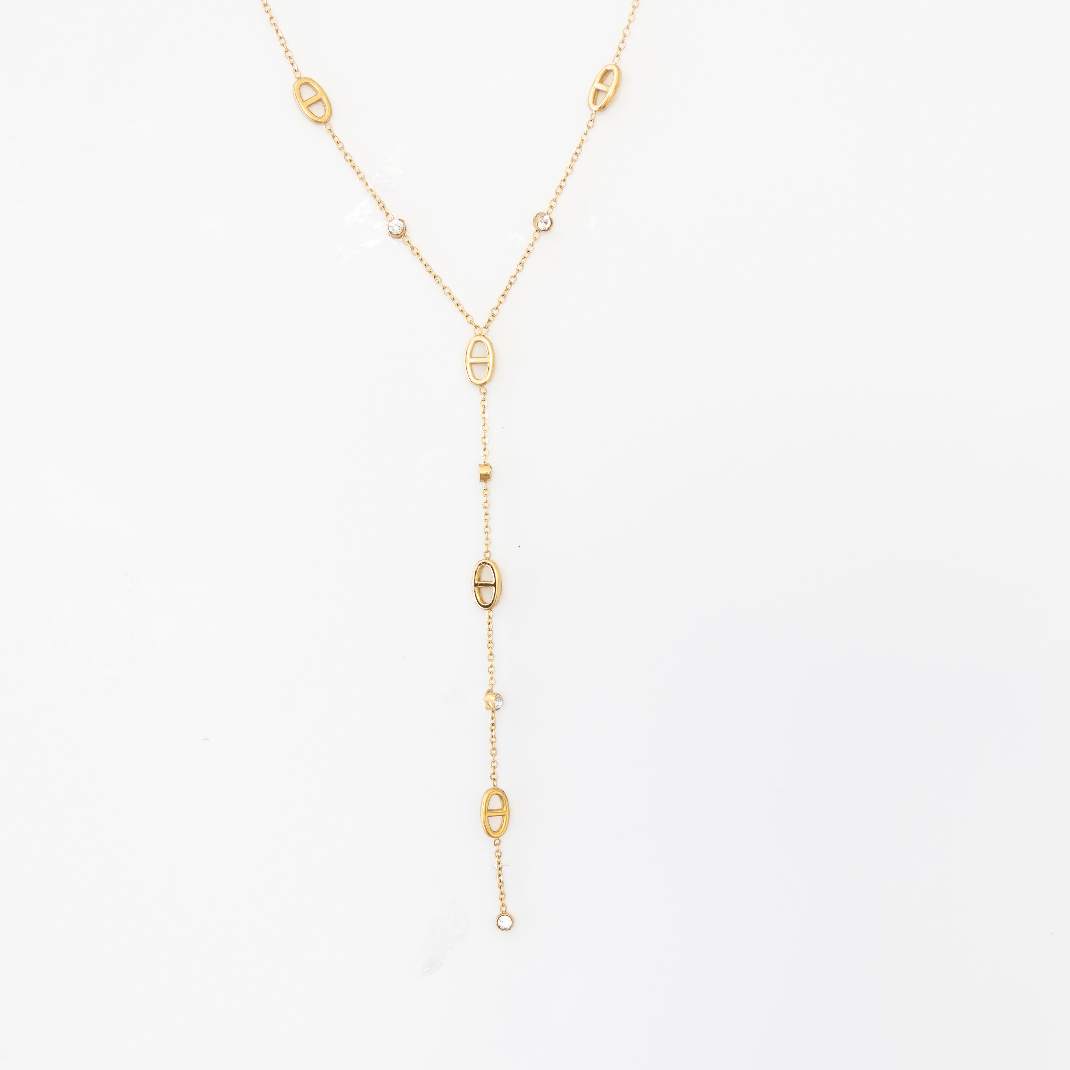 Collier Chloé – Sautoir Y doré, maillons ovales ajourés & zircons - Mineky Paris