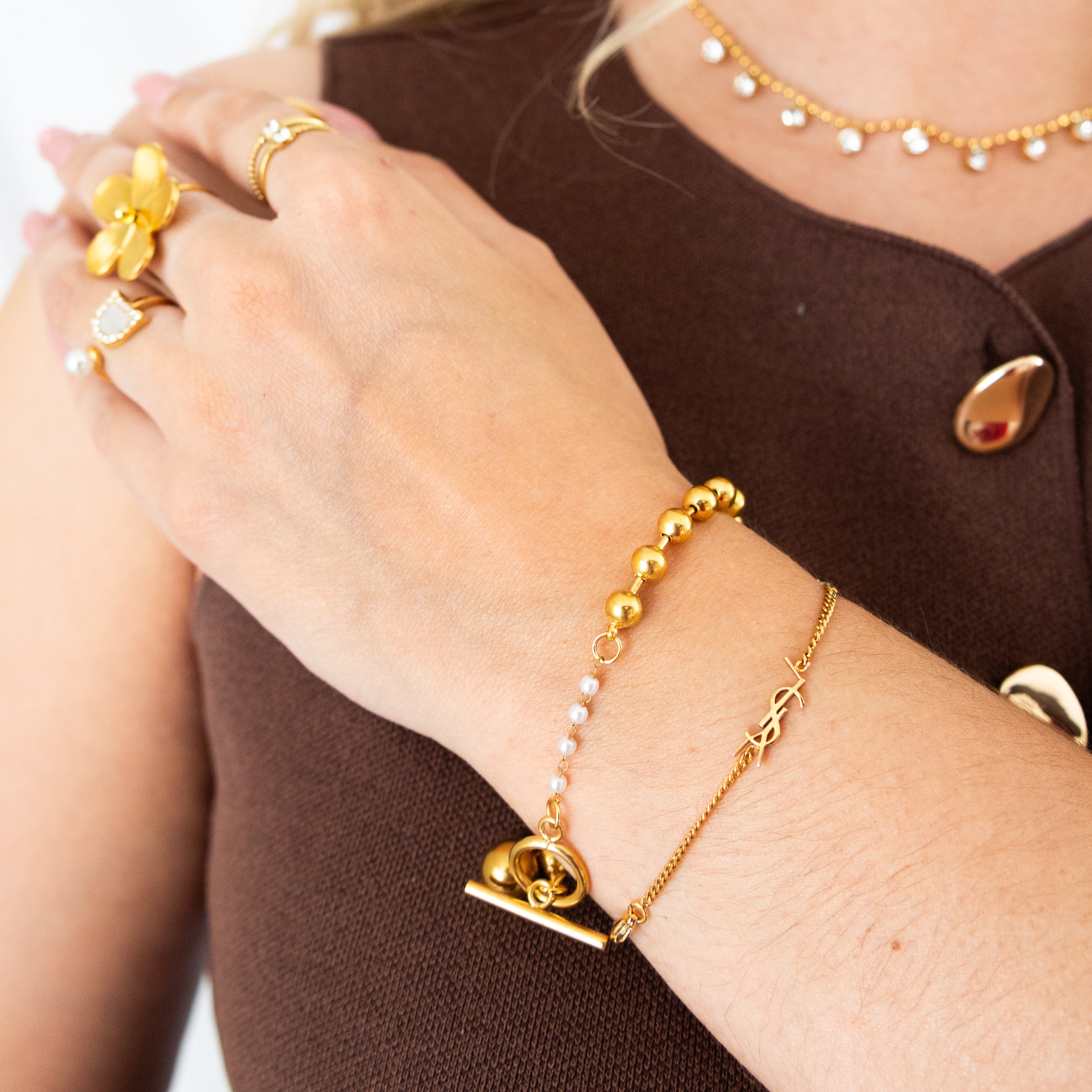 Bracelet Diamond – billes dorées & fermoir barre-T - Mineky Paris